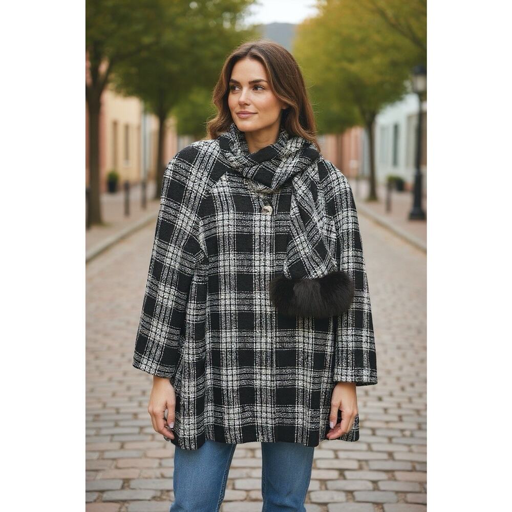 Lilli Ann Vintage Wool Cape Coat Open Front Attached Fox Fur Trim‎ Scarf XXL 60s